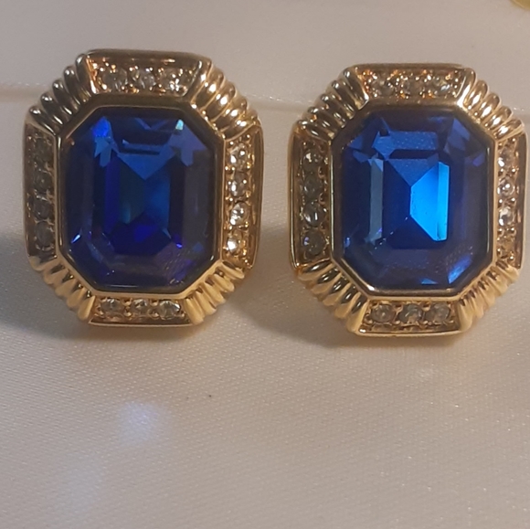 RARE c1988 SWAVORSKI ROYAL BLUE & CLEAR CRYSTAL EARRNGS ~ octagon shaped - Picture 5 of 5